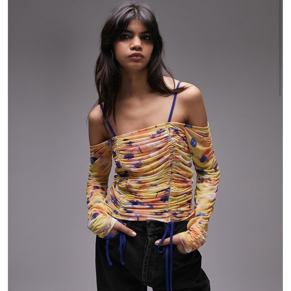 Topshop NWOT Mesh Printed Long Sleeve Ruched Bardot Top In Multi Color Size M